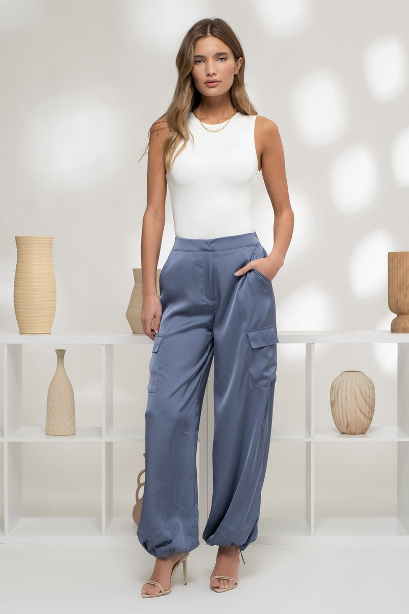 High Waist Satin Cargo Pants